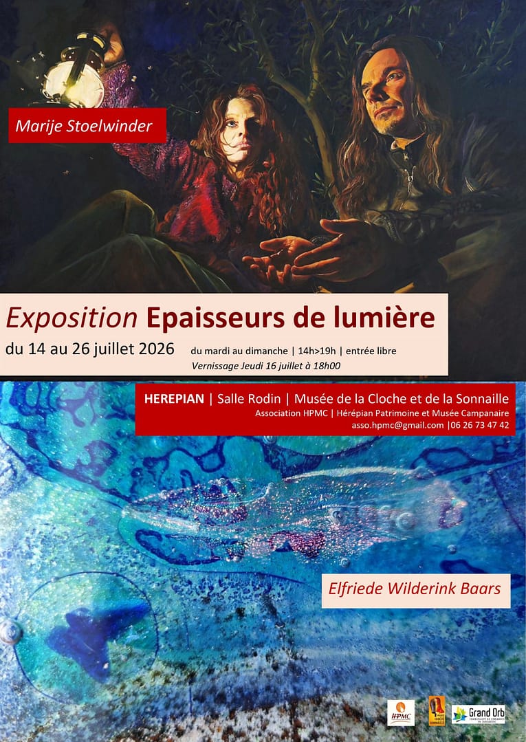 Exposition en duo à Hérépian à la salle Rodin au musée de la cloche et de la sonnaille du 14 au 26 juillet 2026. Vernissage le jeudi 16 juillet à 18h.